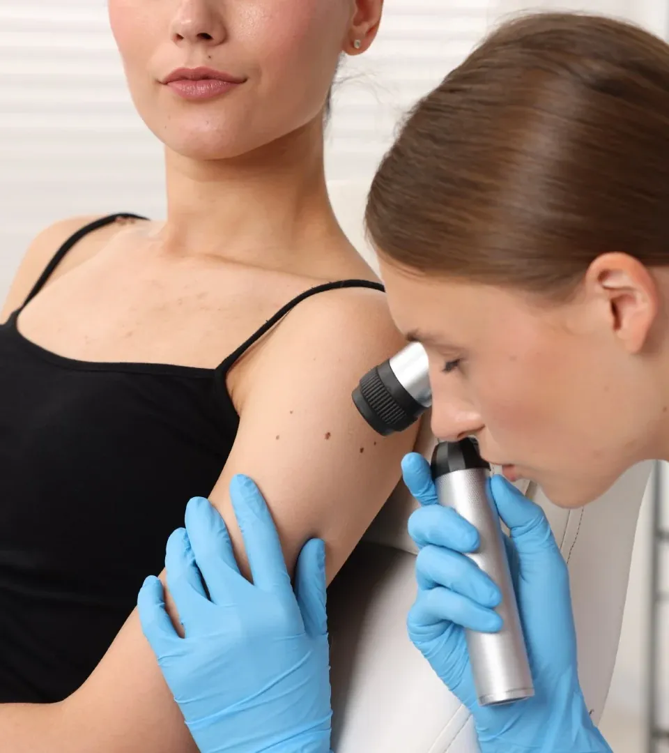 A doctor examining a mole with a dermatoscope