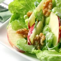 Waldorf salad with kos lettuce, crisp apple, celery, walnuts, spring onions, and a creamy dressing
